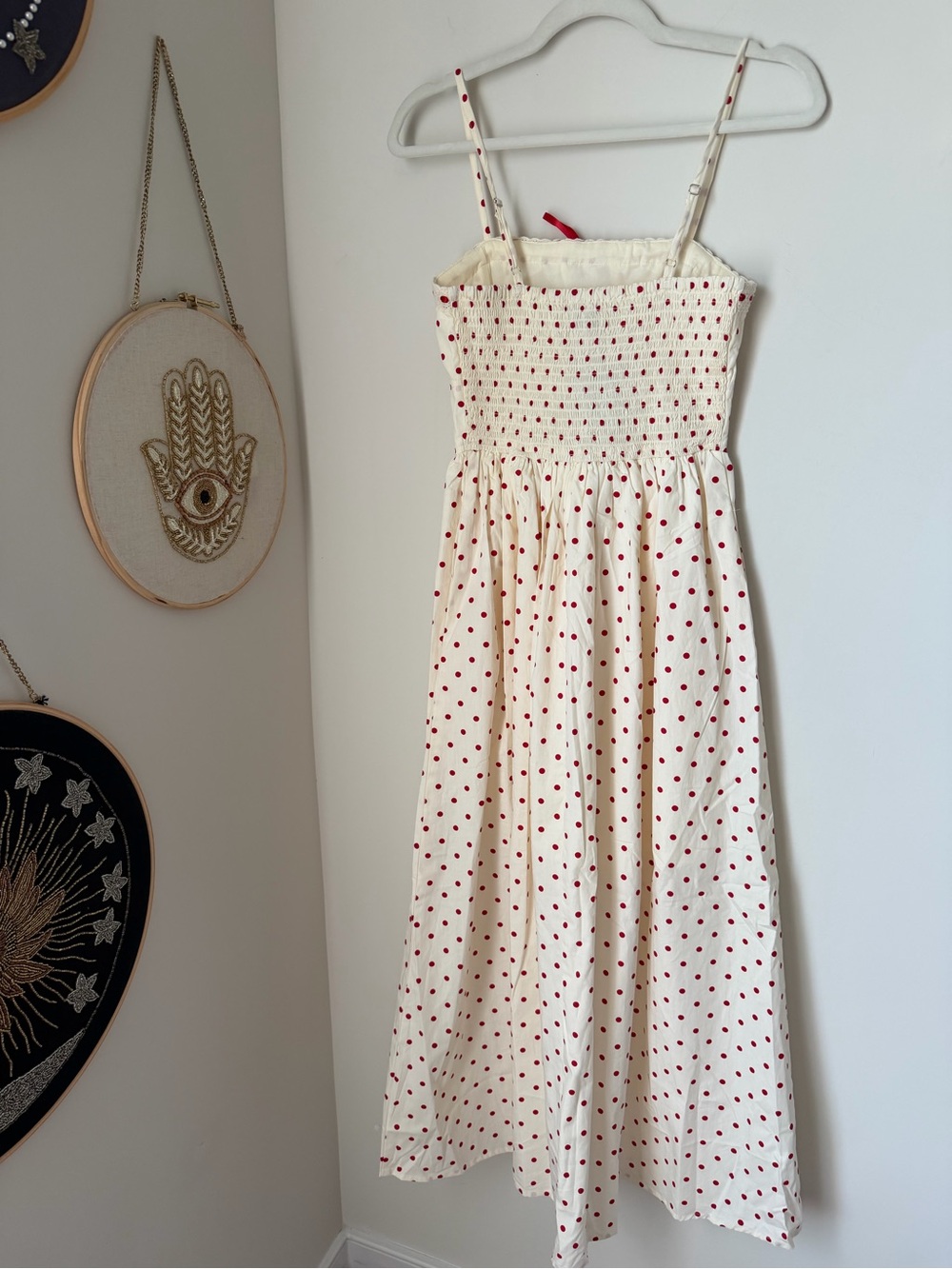 Cream red polka dot cotton spaghetti strap Midi Sundress - Picture 7 of 8
